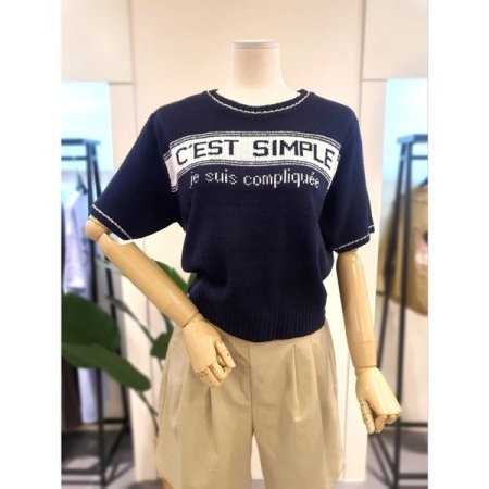 심플 배색 라운드 반팔 니트 네이비