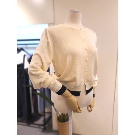 밑단 배색 니트 가디건 크림