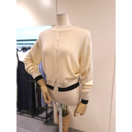 밑단 배색 니트 가디건 크림