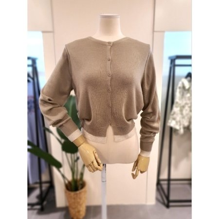 밑단 배색 니트 가디건 크림