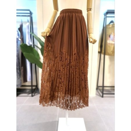 카멜 레이스 밴딩 롱스커트 브라운