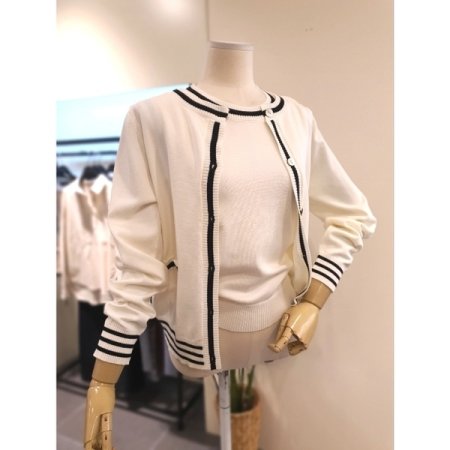 배색 민소매 니트 가디건 세트 베이지