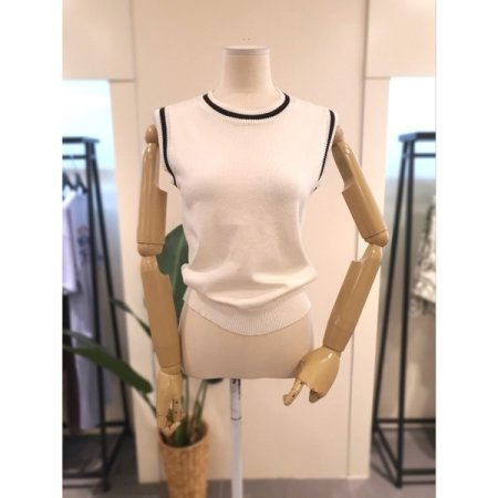 배색 민소매 니트 가디건 세트 베이지