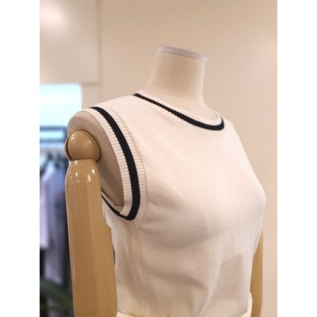 배색 민소매 니트 가디건 세트 베이지