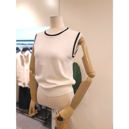 배색 민소매 니트 가디건 세트 베이지