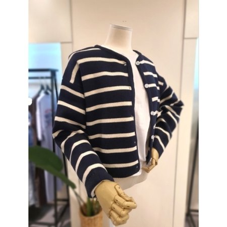 스트라이프 자가드 가디건 네이비