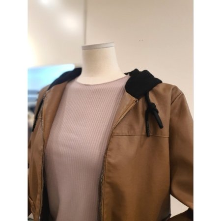 후드 집업 셔링 에코 가죽 점퍼 브운