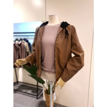 후드 집업 셔링 에코 가죽 점퍼 브운