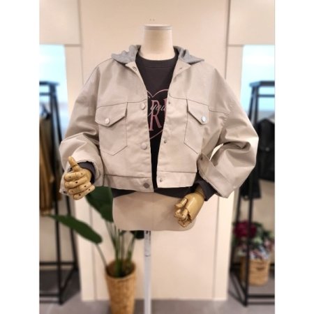 후드 도트 에코 가죽 점퍼 아이보리