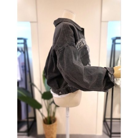 레오파드 배색 데님 자켓 블랙