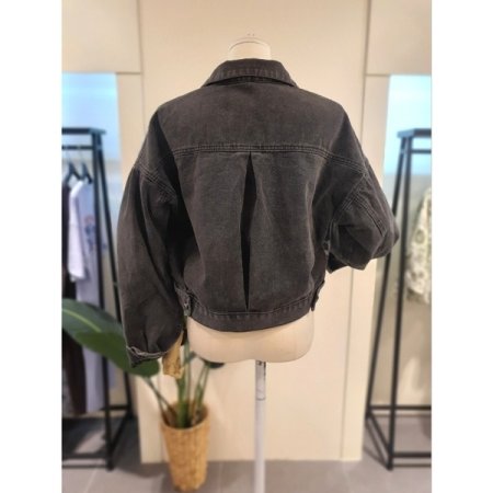 레오파드 배색 데님 자켓 블랙