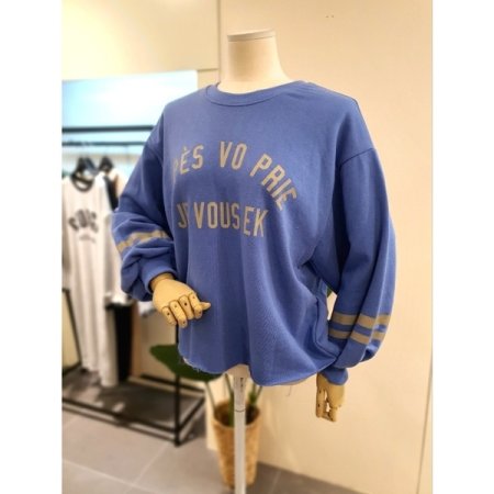 퍼프 소매 밑단 컷팅 맨투맨 블루