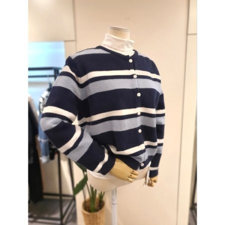 배색 스트라이프 니트 가디건 블루