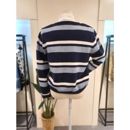 배색 스트라이프 니트 가디건 블루