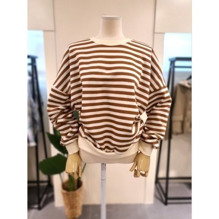 기모 스트라이프 맨투맨 브라운