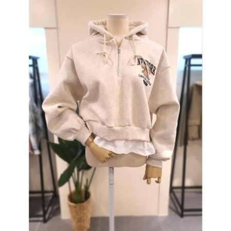 레이어드 집업 후드 티셔츠 오트밀