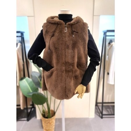 에코 스트링 후드 퍼 베스트 브라운