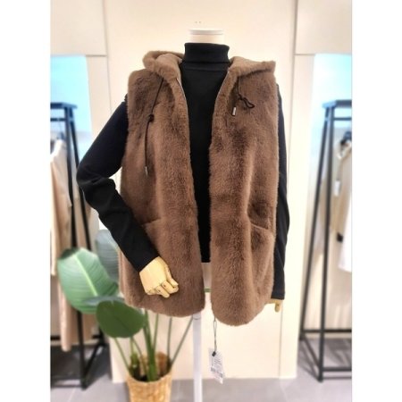 에코 스트링 후드 퍼 베스트 브라운