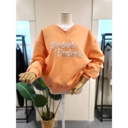 기모 V넥 발포 프린팅 맨투맨 오렌지