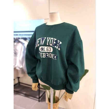 뉴욕 자수 기모 맨투맨 그린