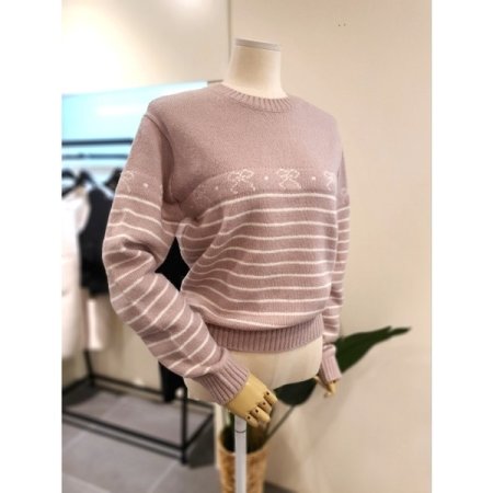 리본 라운드넥 니트 핑크