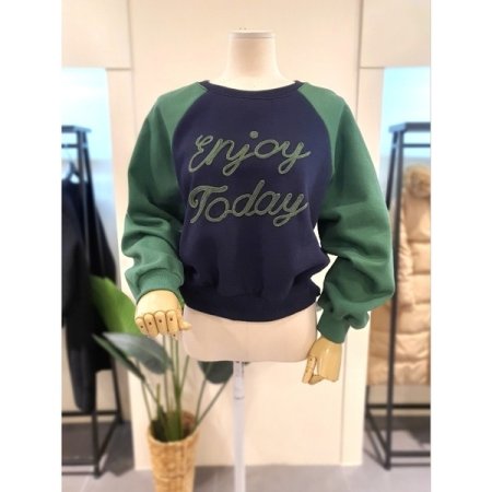 배색 세미크롭 기모 맨투맨 네이비