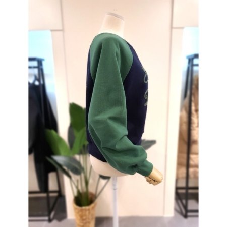 배색 세미크롭 기모 맨투맨 네이비