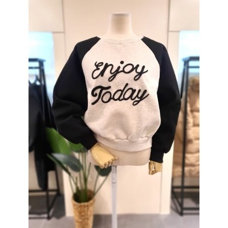 배색 세미크롭 기모 맨투맨 네이비