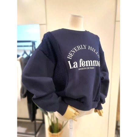 니트 배색 기모 맨투맨 네이비