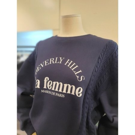 니트 배색 기모 맨투맨 네이비