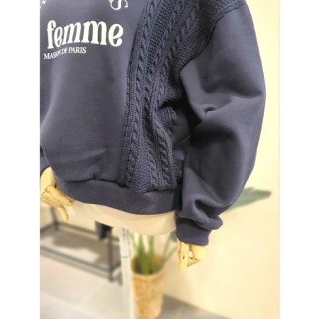 니트 배색 기모 맨투맨 네이비