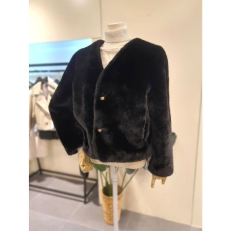 브이넥 투버튼 에코 퍼 자켓