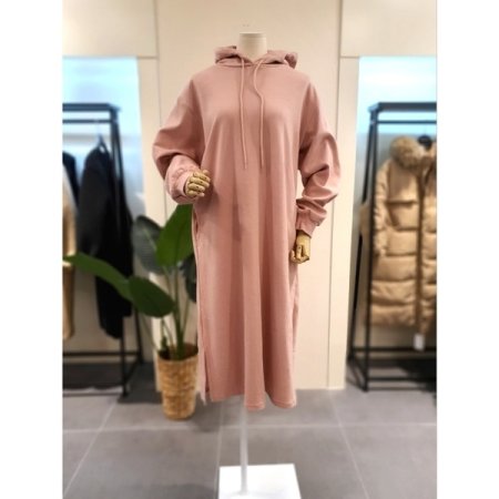 무지 후드 롱 원피스 핑크
