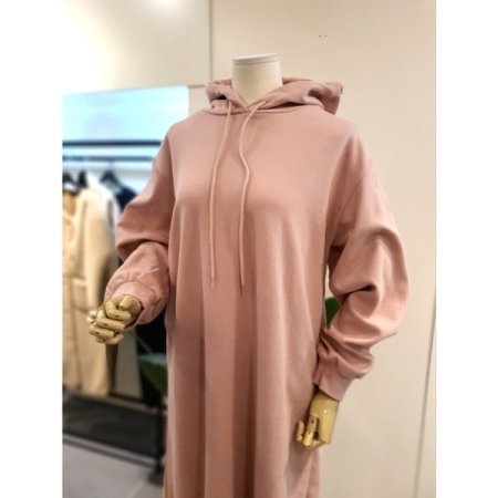 무지 후드 롱 원피스 핑크