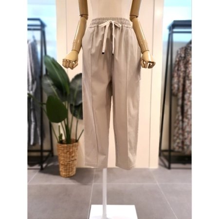 배색 스트링 핀턱 배기 팬츠 베이지