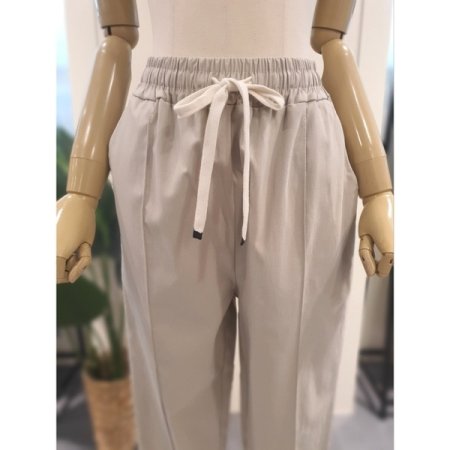 배색 스트링 핀턱 배기 팬츠 베이지