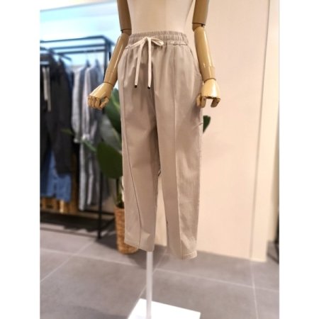 배색 스트링 핀턱 배기 팬츠 베이지