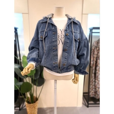 후드 탈부착 밴딩 데님자켓 블루