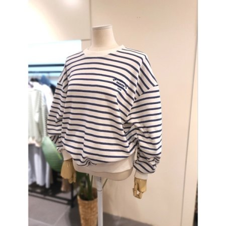 자수 스트라이프 티셔츠 블루