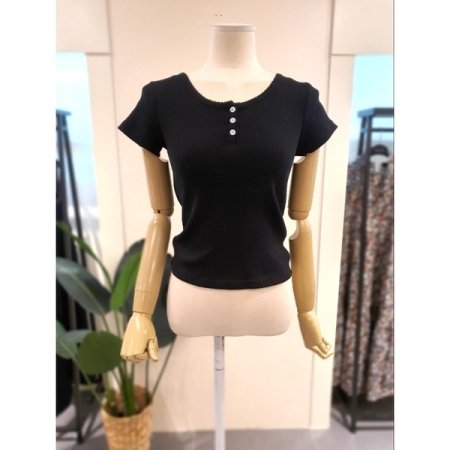 골지 버튼 반팔 티셔츠 화이트