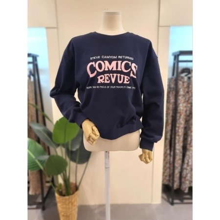 코믹스 자수 세미크롭 맨투맨 네이비