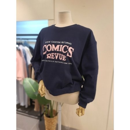 코믹스 자수 세미크롭 맨투맨 네이비