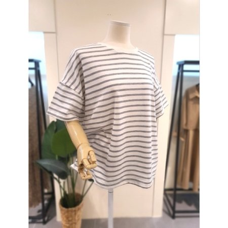 스트라이프 루즈핏 반팔 티셔츠 그레이