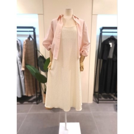 엠보 끈 레이어드 롱 원피스 크림