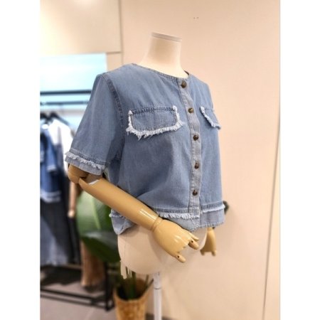 포켓 수술 반팔 청남방 블루