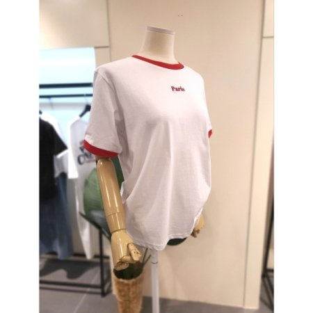 자수 배색 링거 티셔츠 레드