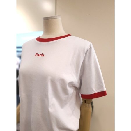 자수 배색 링거 티셔츠 레드