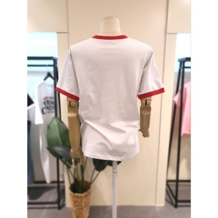 자수 배색 링거 티셔츠 레드