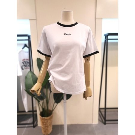 자수 배색 링거 티셔츠 레드