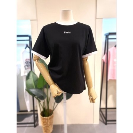 자수 배색 링거 티셔츠 화이트